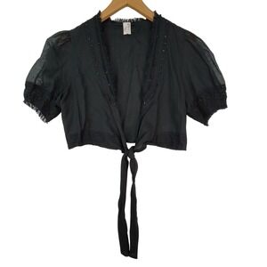 VTG Joie Black Short Sleeve Tie Front Cropped Silk & Cotton Top Shrug Medium
